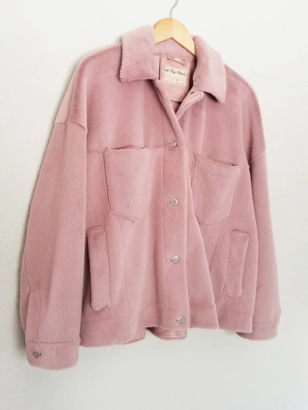 Free People We the Free Cozy Opal Swing Jacket in Pink Size S Faux Fur Teddy $98